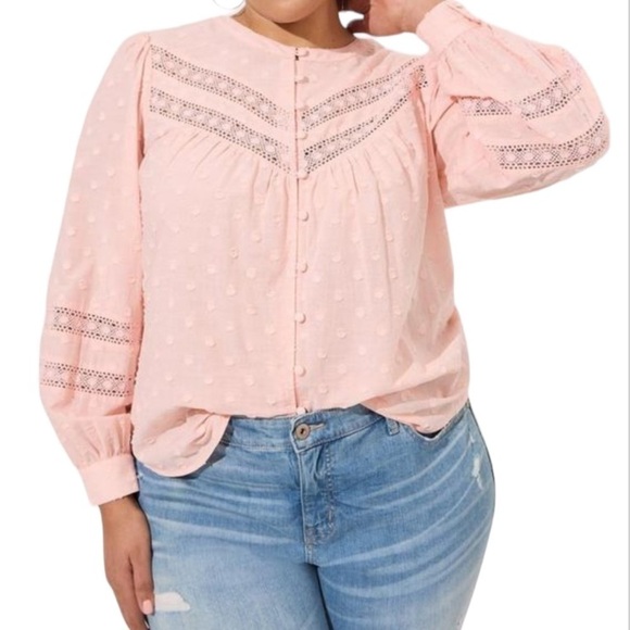 torrid Tops - Torrid Clip Dot Lace Trim Long Sleeve Blouse